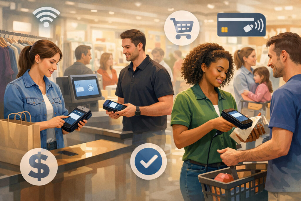 Handheld POS devices are replacing fixed terminals for floor selling and line-busting