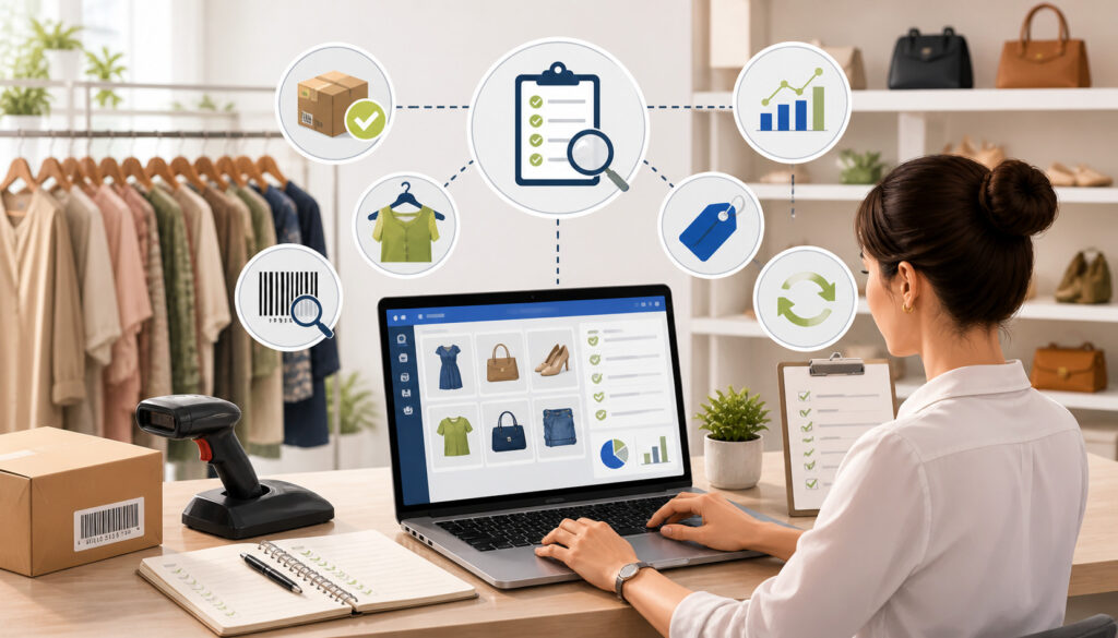 Consignment inventory tracking system with barcode scanning, product management dashboard, and analytics icons in a retail store setting