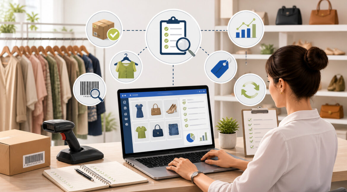 Consignment inventory tracking system with barcode scanning, product management dashboard, and analytics icons in a retail store setting