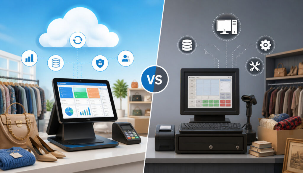 Cloud-based POS system vs traditional consignment POS setup in retail store showing modern tablet checkout with cloud icons compared to legacy desktop POS hardware and inventory system