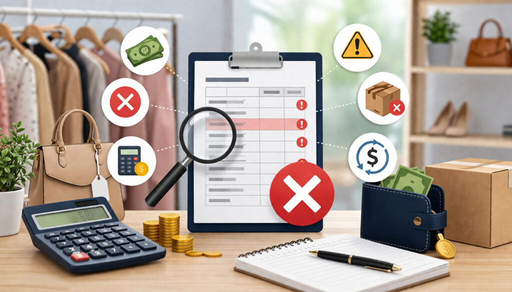 Illustration of consignment payout errors showing financial discrepancies, warning icons, retail inventory, and accounting tools in a modern workspace setting