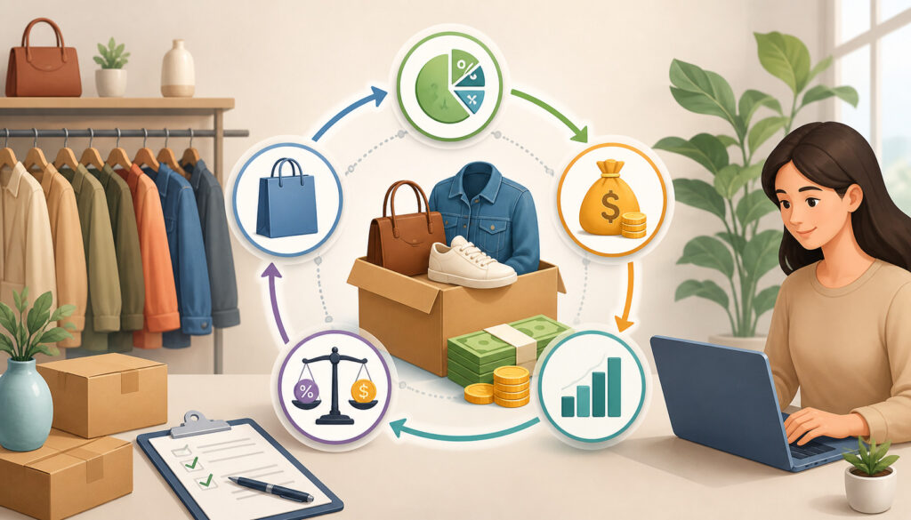 Illustration of consignment retail payout models showing product flow, revenue split, and payment cycle with icons for sales, profit distribution, and analytics