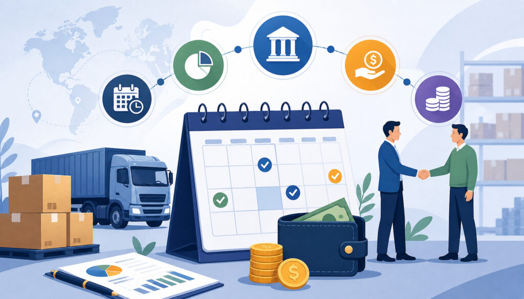 Illustration of consignor payment schedules with calendar, financial icons, delivery logistics, and business handshake representing periodic payouts and revenue tracking