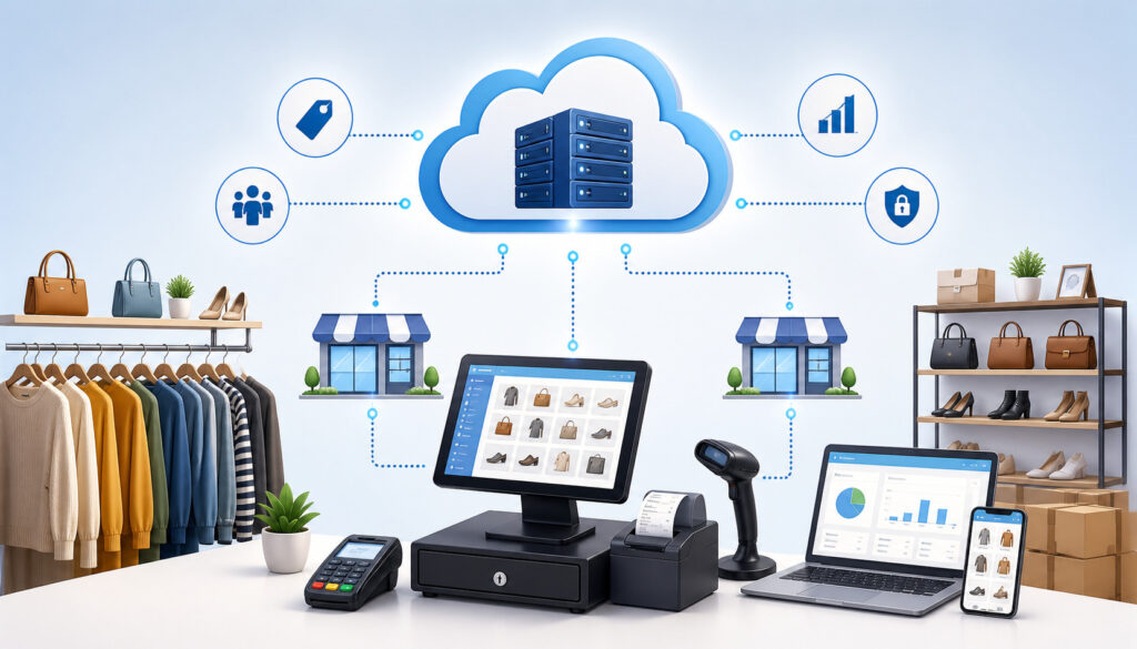 Cloud-based consignment POS system connecting retail stores, inventory, payment devices, and analytics through a centralized cloud network