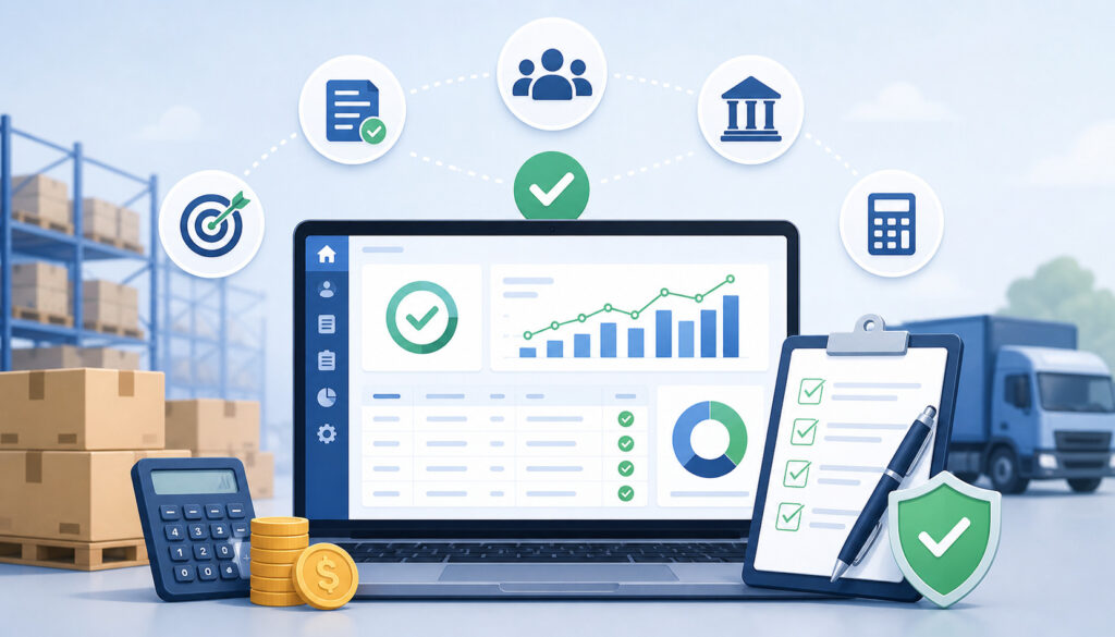 Consignor payment management system dashboard with automated tracking, financial reports, inventory logistics, and accuracy-focused workflow icons in a modern warehouse setting