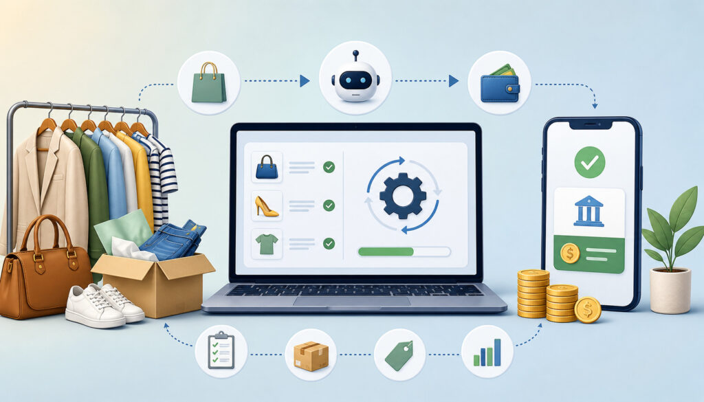 Automated consignment payout process illustration showing clothing items, POS system, and digital payment transfer to seller via mobile app