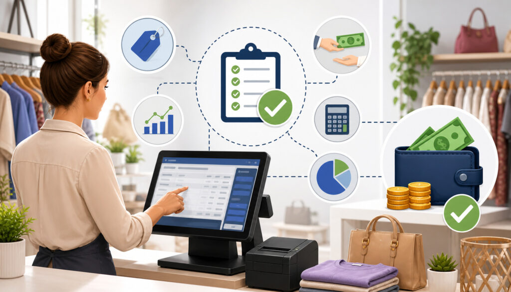 Consignment POS system interface showing automated payout tracking, financial reporting icons, and accurate payment distribution in a retail environment