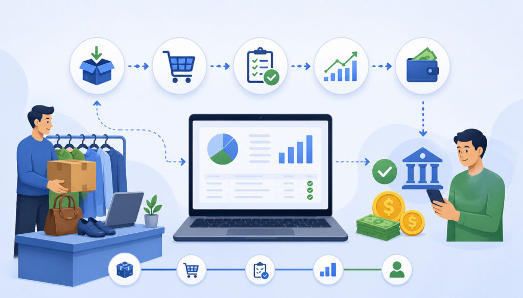 Consignor payout system workflow illustration showing inventory intake, sales tracking, automated approval, and digital payment transfer to seller