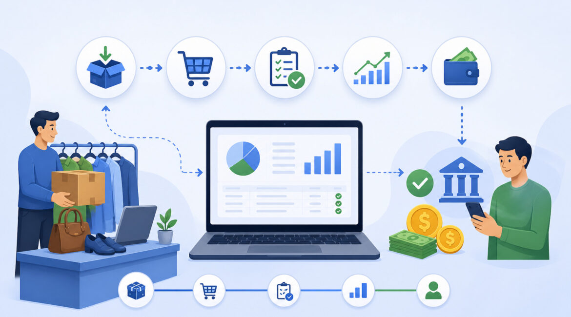 Consignor payout system workflow illustration showing inventory intake, sales tracking, automated approval, and digital payment transfer to seller