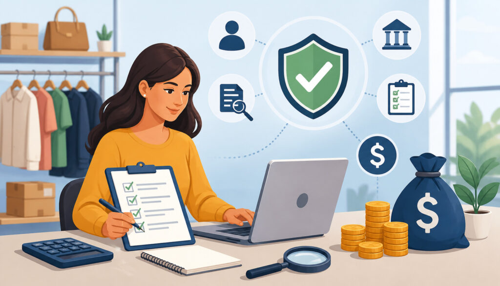 Consignment shop owner reviewing payout checklist on laptop with financial icons, inventory racks, and secure payment symbols in background