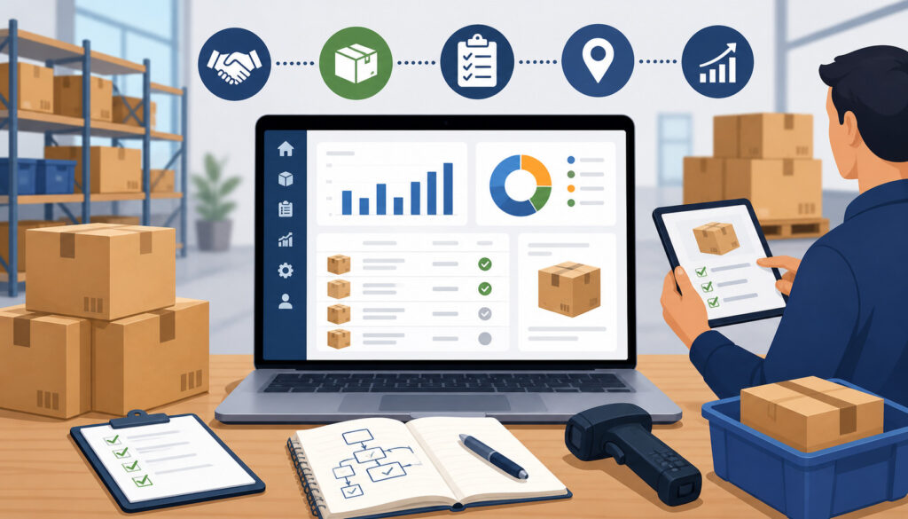 Consignment inventory tracking system with warehouse boxes, barcode scanning, and digital dashboard for stock management