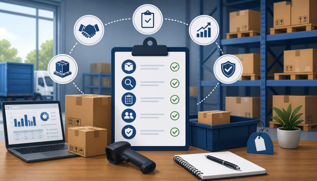 Consignment inventory management system illustration showing warehouse shelves, packaged goods, barcode scanner, checklist clipboard, and digital tracking dashboard with logistics icons