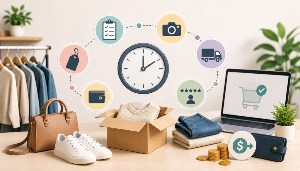 Illustration of consignment sales process with clock, clothing items, packaging box, laptop, and icons representing pricing, shipping, payments, and customer feedback influencing payout timing