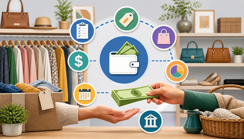Consignment store payout system illustration showing cash exchange, retail inventory, and payment workflow icons in a boutique setting
