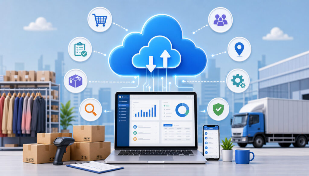 Cloud-based consignment software dashboard with inventory management icons, shipping logistics, barcode scanning, and real-time data analytics displayed on laptop and mobile devices