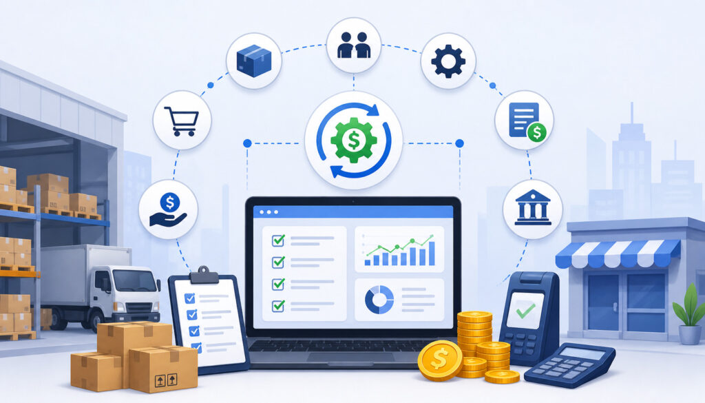 Modern consignment payment system automation illustration with digital dashboard, inventory management, automated payouts, and integrated retail workflow icons