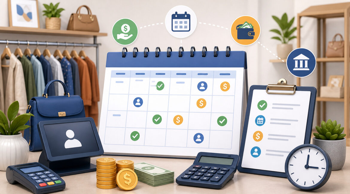 Consignment store payment schedule calendar with retail items, POS system, cash stacks, and finance icons representing organized payout timelines and transaction management