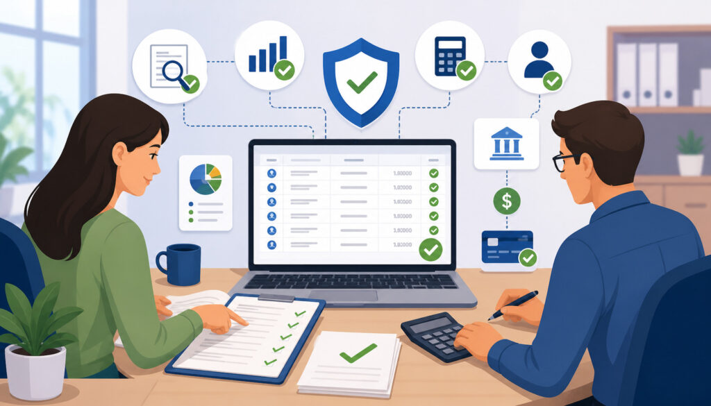 Consignor payment accuracy process with financial dashboard, verification checks, and secure transaction workflow