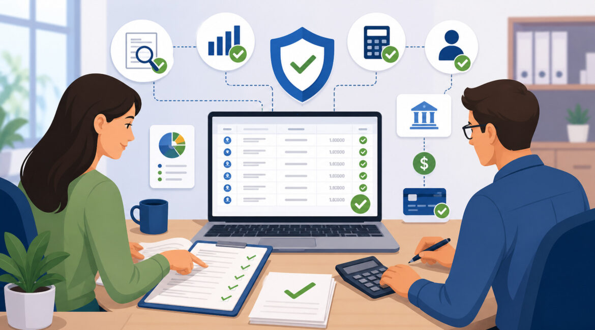 Consignor payment accuracy process with financial dashboard, verification checks, and secure transaction workflow