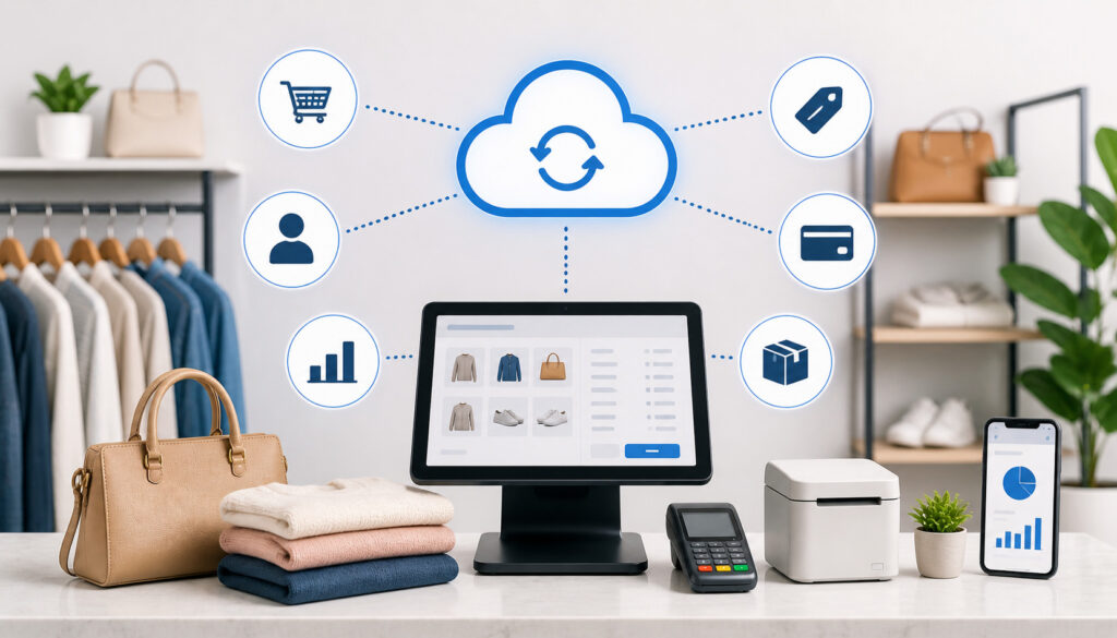 Cloud-based consignment POS system with retail store setup, touchscreen terminal, connected cloud network, and icons for inventory, payments, analytics, and customer management