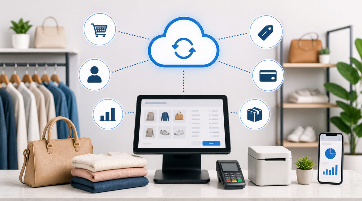 Cloud-based consignment POS system with retail store setup, touchscreen terminal, connected cloud network, and icons for inventory, payments, analytics, and customer management