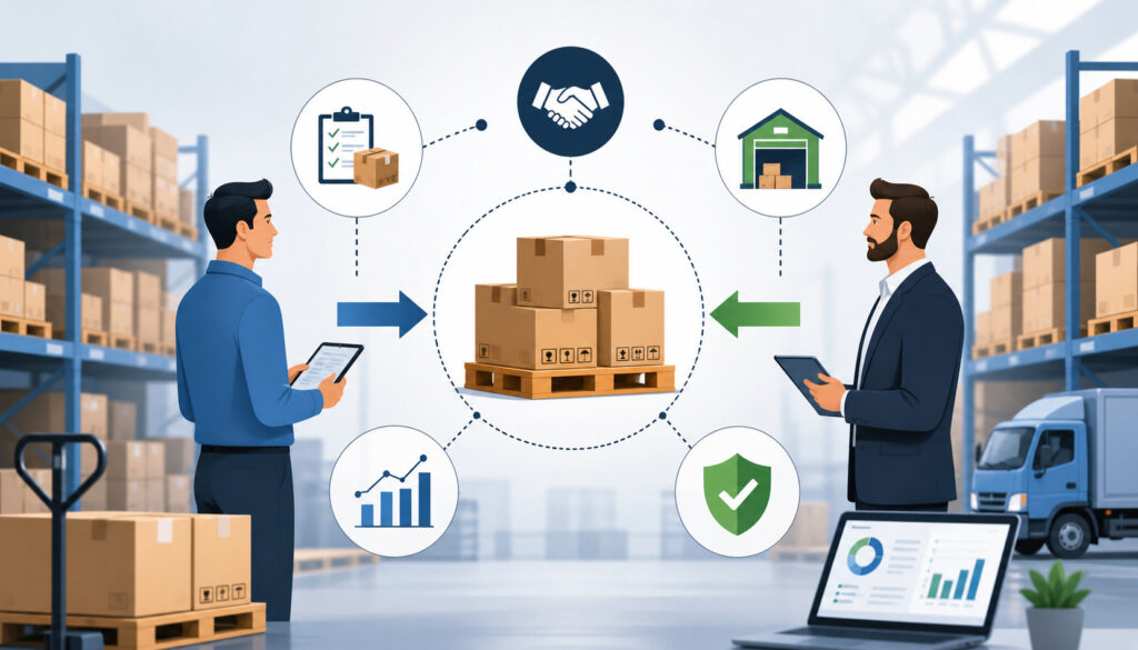 Consignment inventory management concept showing warehouse operations, shared inventory ownership, item tracking, logistics flow, and business analytics icons