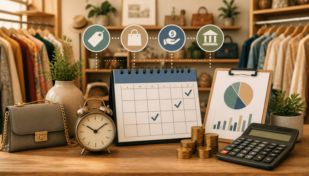 Consignment store payment schedule concept with calendar, coins, calculator, and retail boutique background showing financial planning and payout tracking