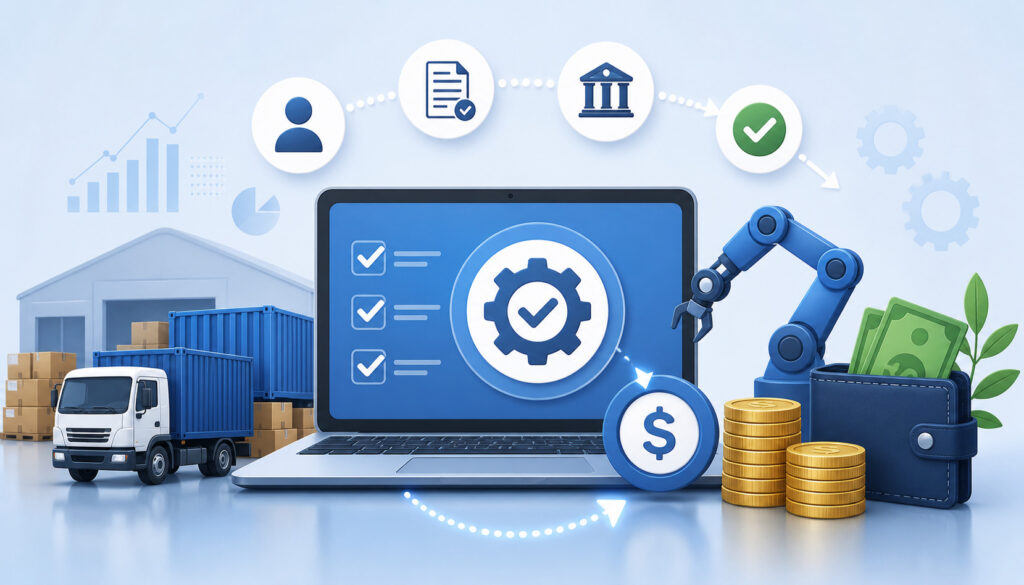 Automated consignor payment system with laptop dashboard, financial icons, logistics elements, and digital money flow representing streamlined consignment payouts