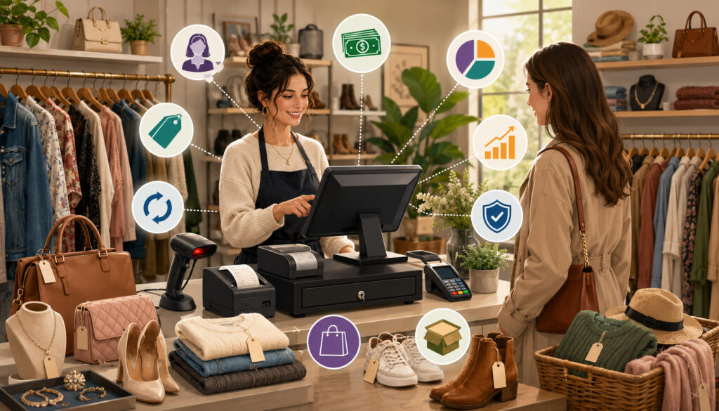 Consignment store owner using a POS system