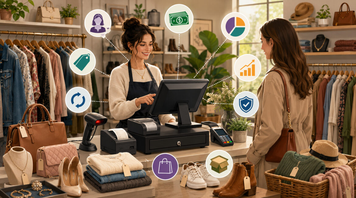 Consignment store owner using a POS system