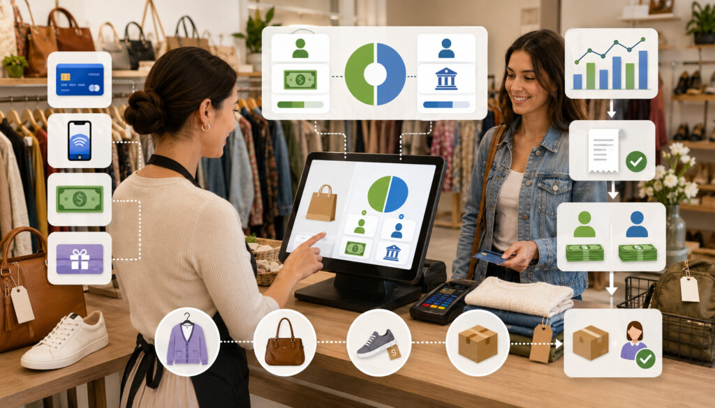 Split payment features in a consignment store POS system