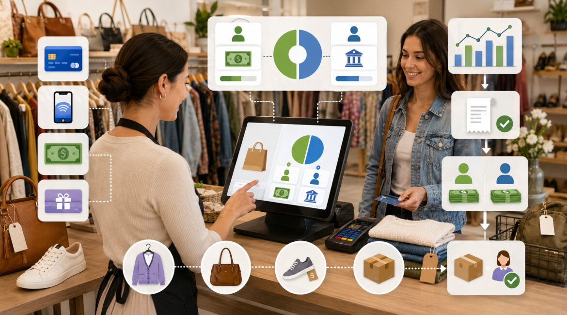 Split payment features in a consignment store POS system